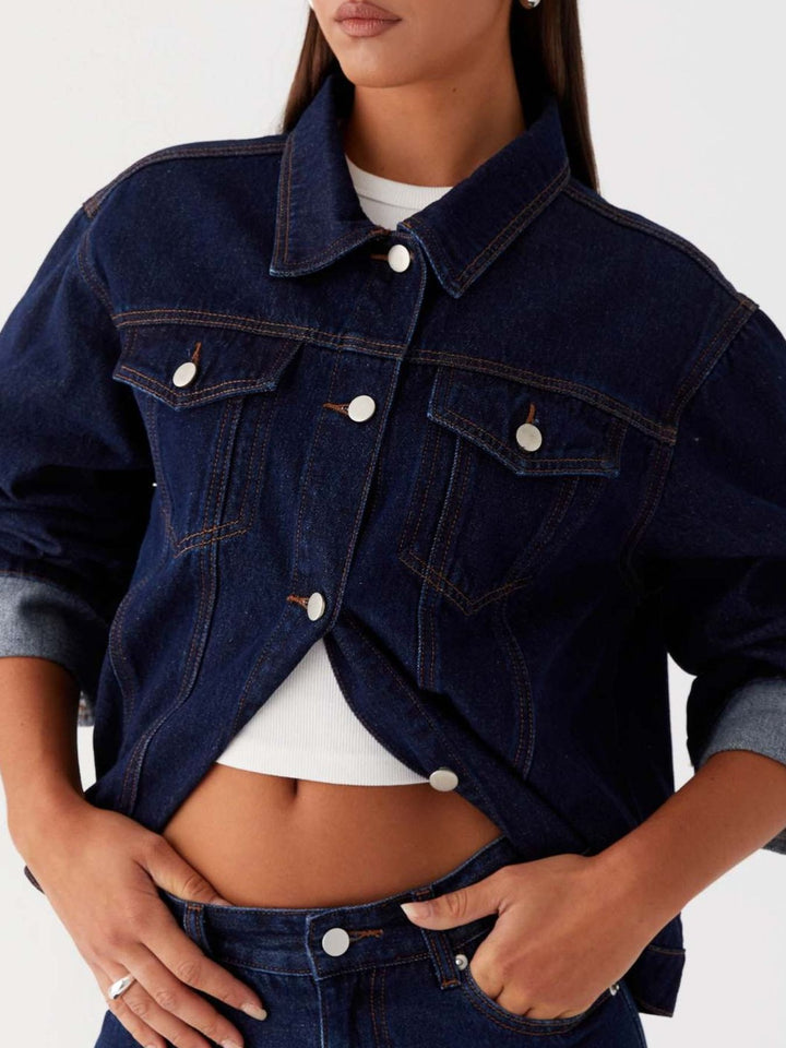 Oversized cropped denim jacket with chest flap pockets