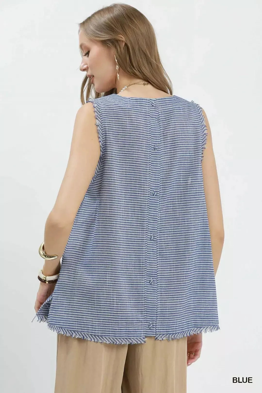 Striped linen-cotton sleeveless top with fringe trim