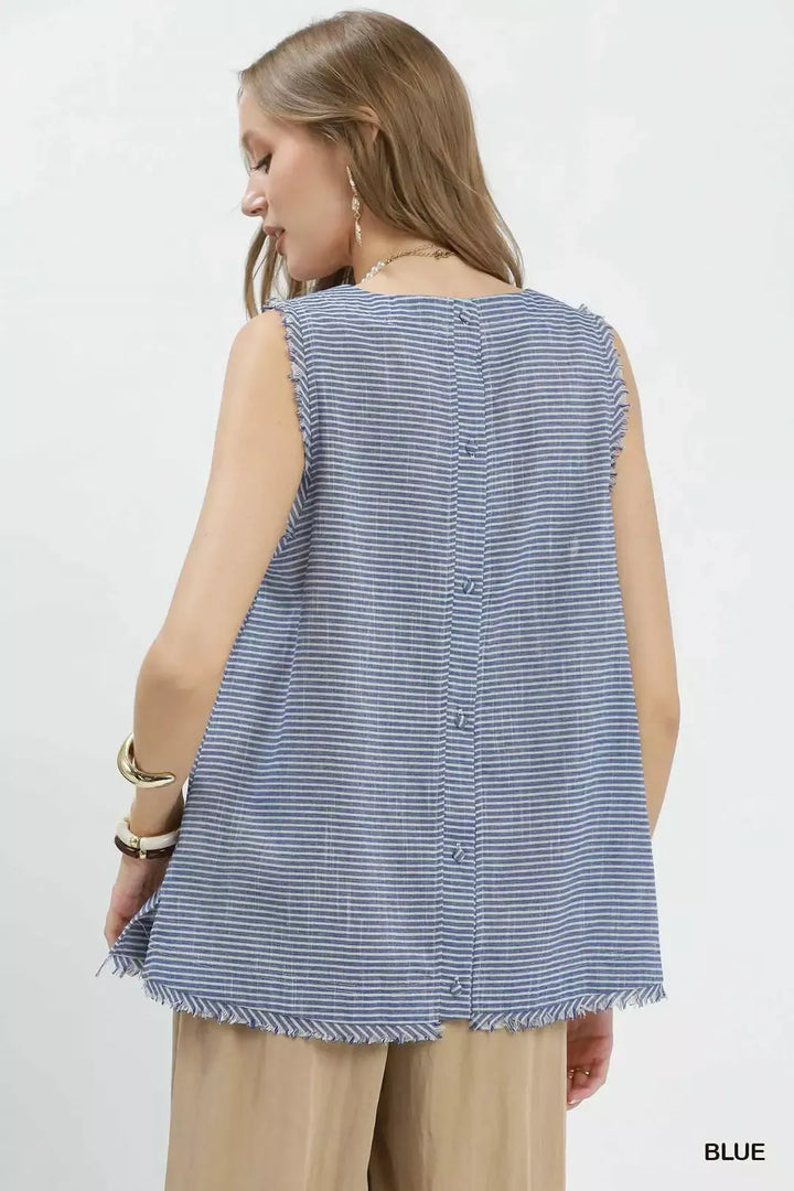 Striped linen-cotton sleeveless top with fringe trim