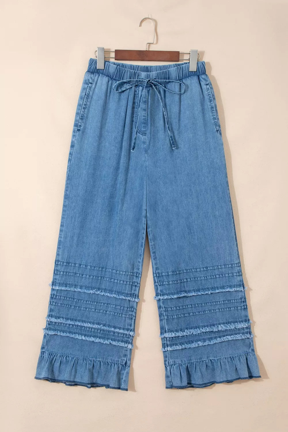 Wide-leg chambray pants with drawstring waist and ruffle hem