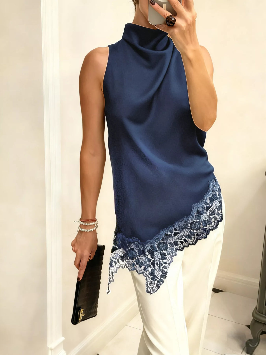 Asymmetric lace-hem satin cami with high cowl neck