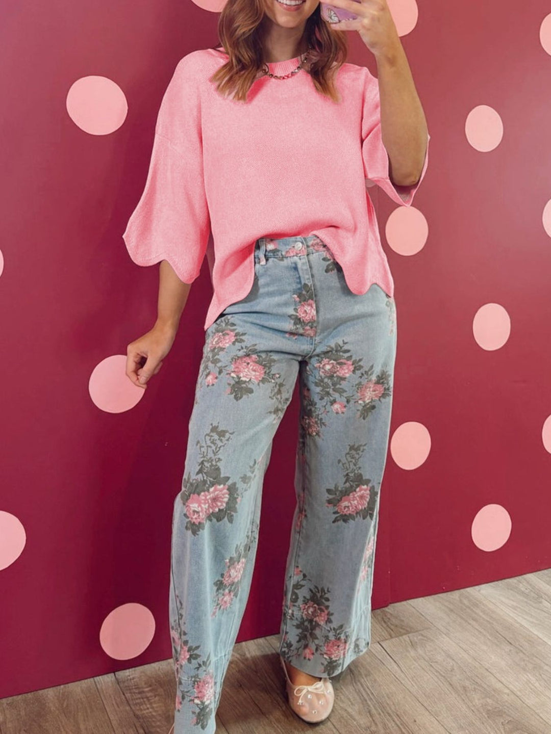 Scalloped wave hem 3/4 sleeve knit sweater top