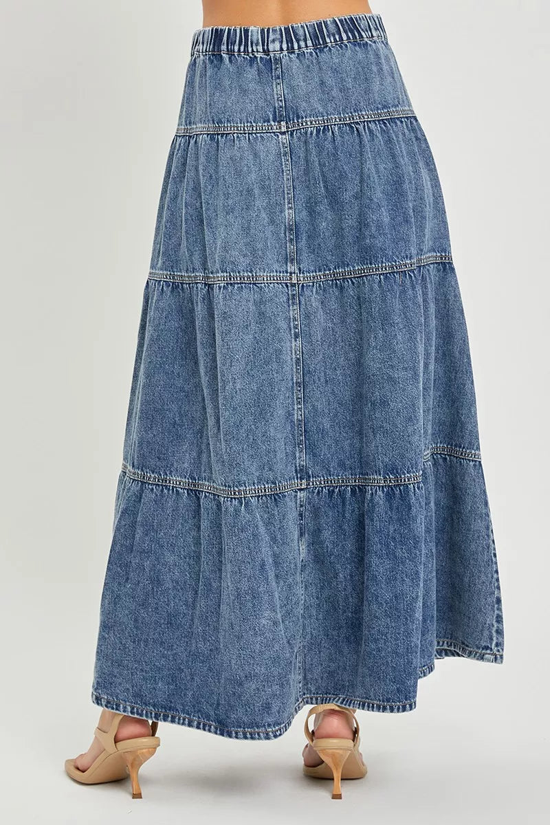 High-rise tiered denim maxi skirt with button front