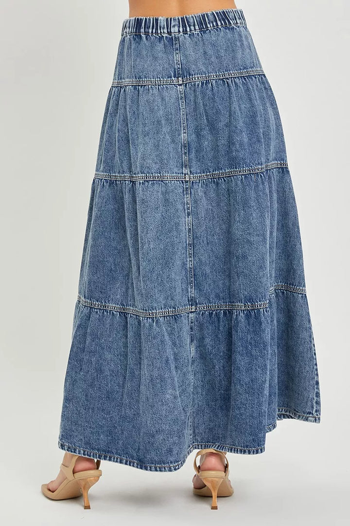 High-rise tiered denim maxi skirt with button front