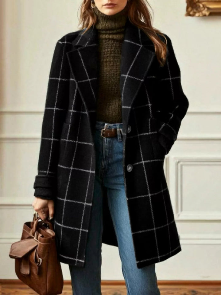 Black Windowpane plaid longline single-breasted overcoat