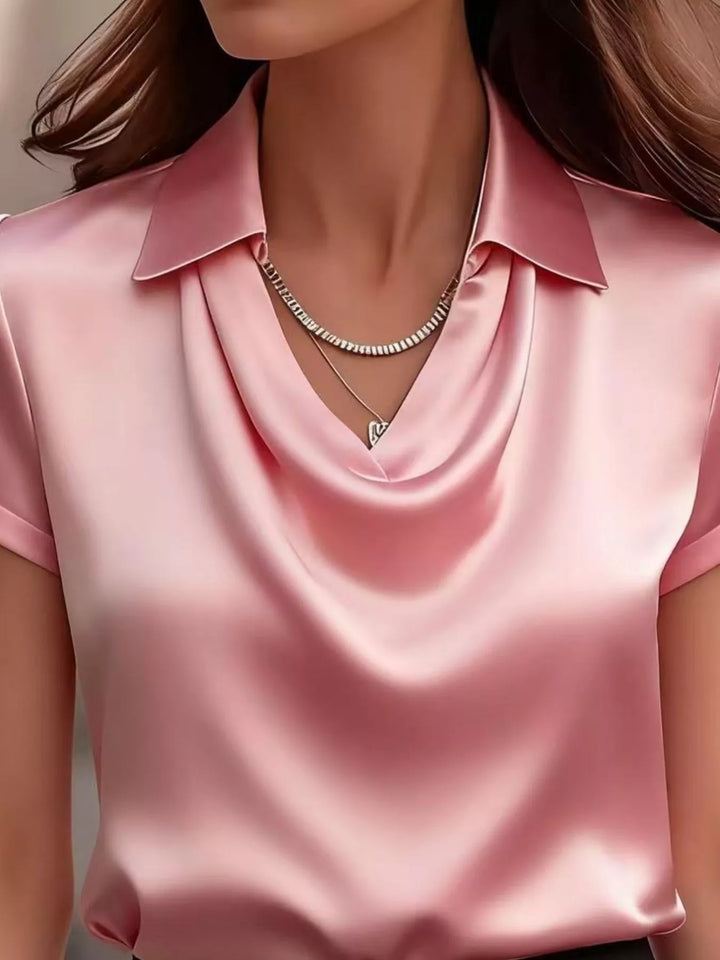 Cowl neck satin blouse with collar and cuffed short sleeves