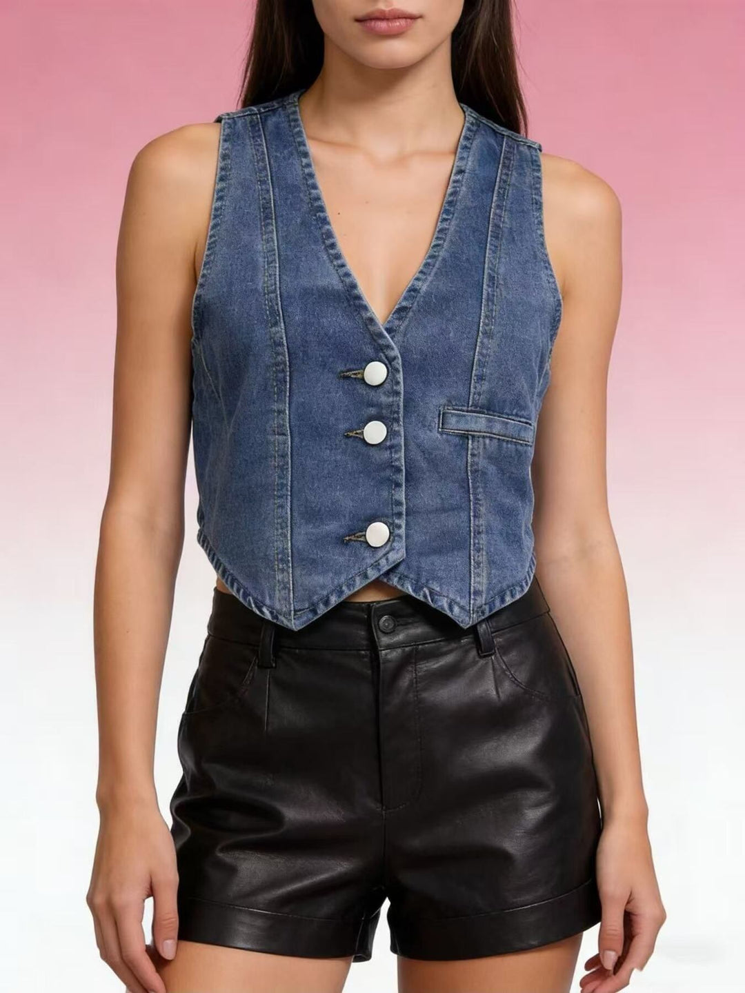 Cropped denim button-down vest with V-neckline