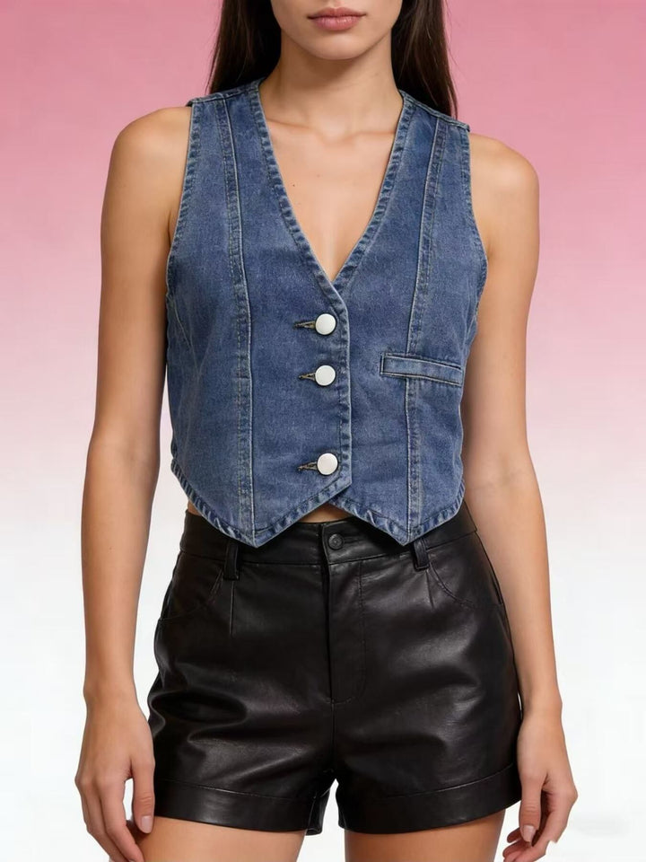 Cropped denim button-down vest with V-neckline