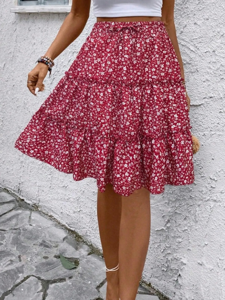 Red Floral print tiered ruffle mini skirt