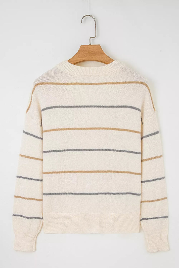 Striped knit button-front cardigan with V-neck