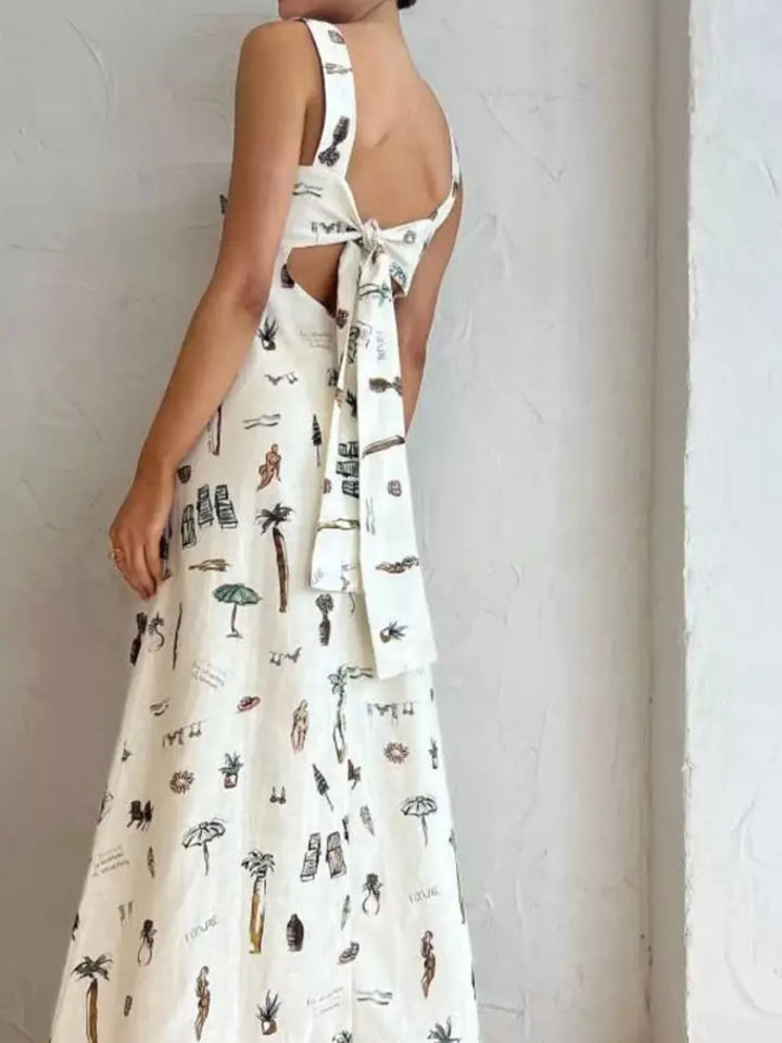 Illustrated beach print sleeveless maxi dress with pockets