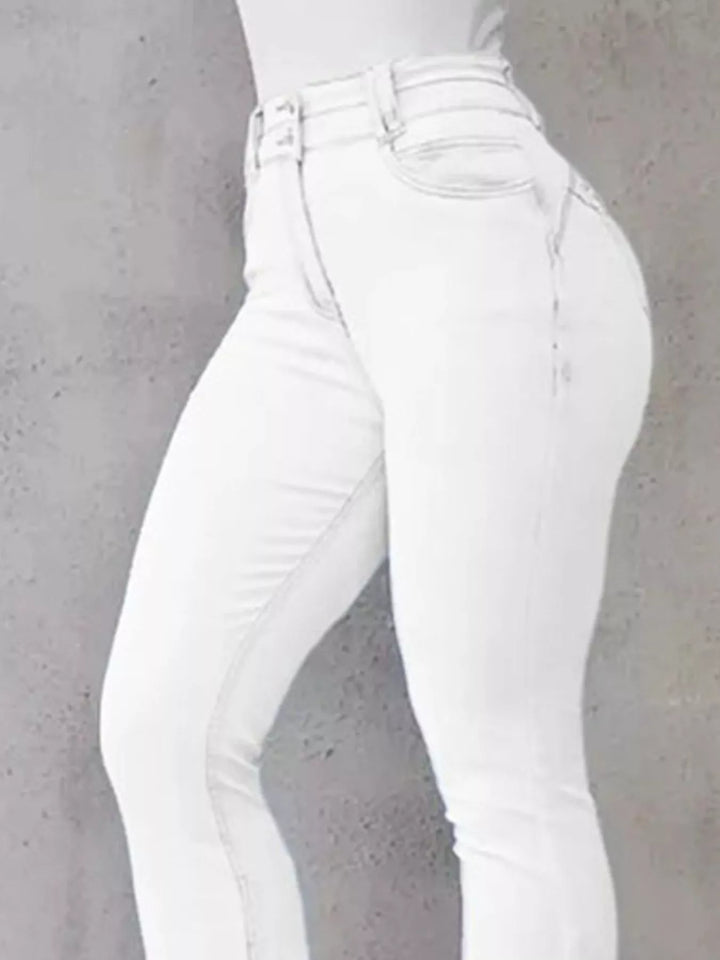 High-rise stretch flare jeans with double-button waist