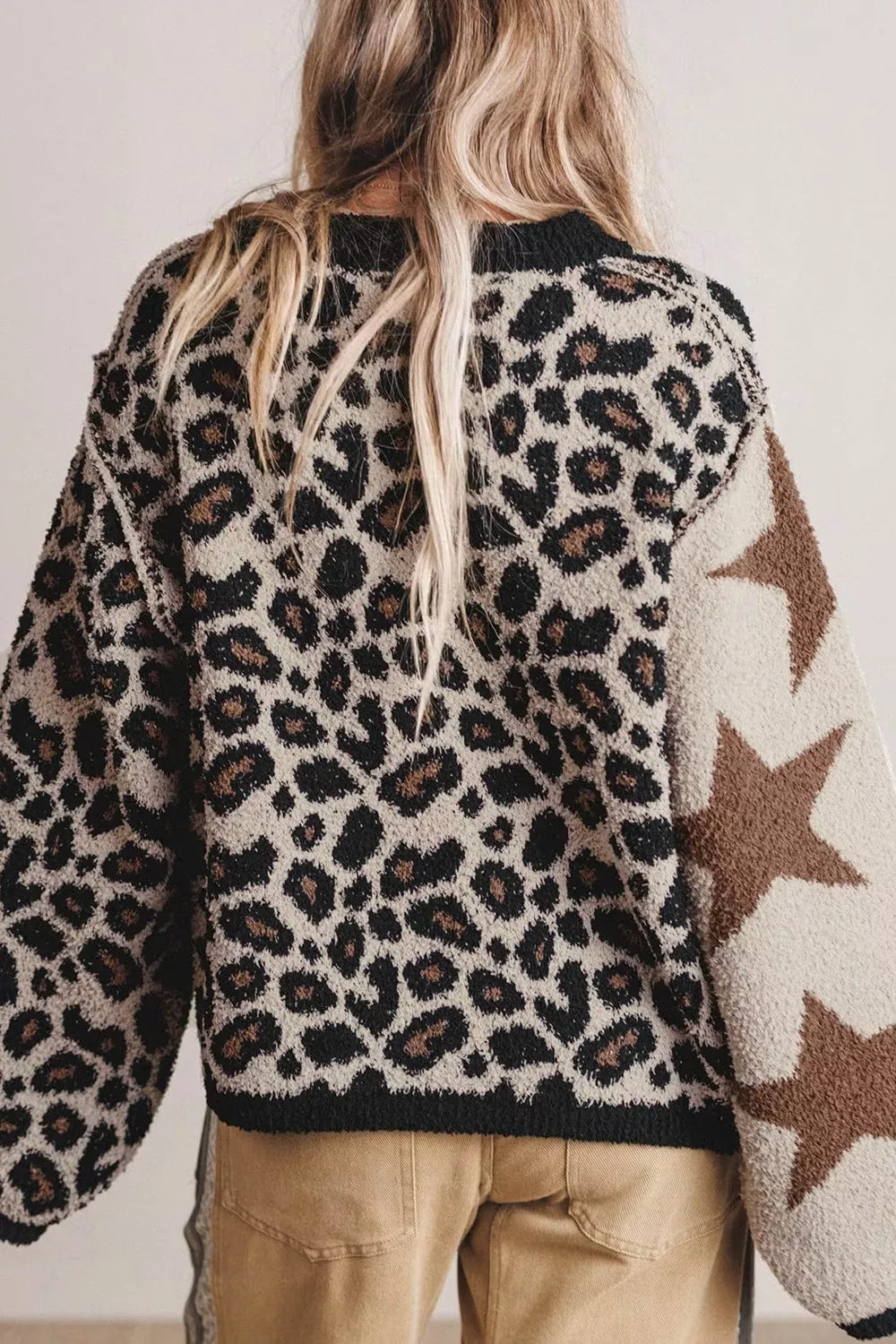 Leopard and star colorblock fuzzy knit pullover sweater