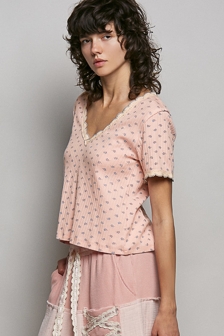 Vintage-wash floral ribbed V-neck crop top with lace trim