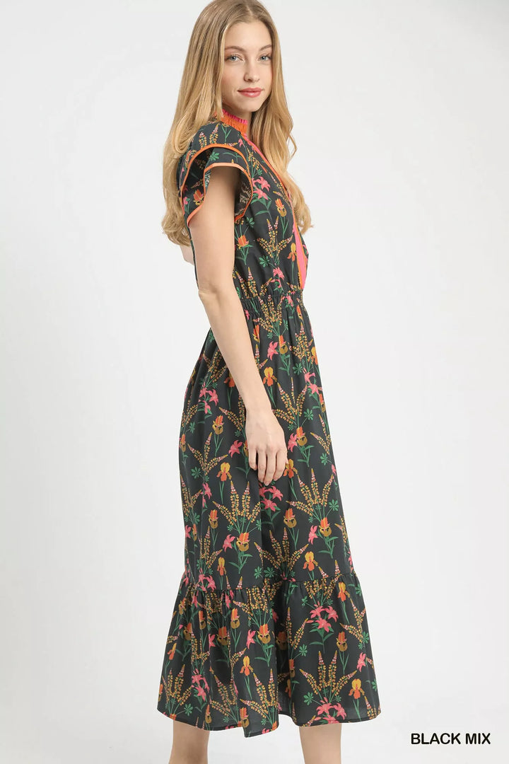 Mixed floral tiered midi dress with flutter sleeves