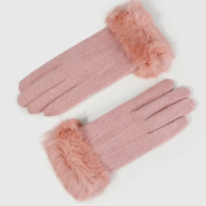 Dusty Pink Faux fur cuff knit gloves with touchscreen fingertips