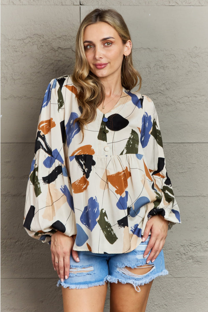 Beige Abstract brushstroke print babydoll blouse with lantern sleeves