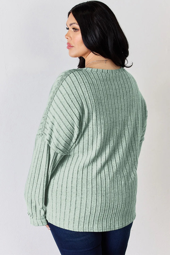 Ribbed knit half-button henley long sleeve top