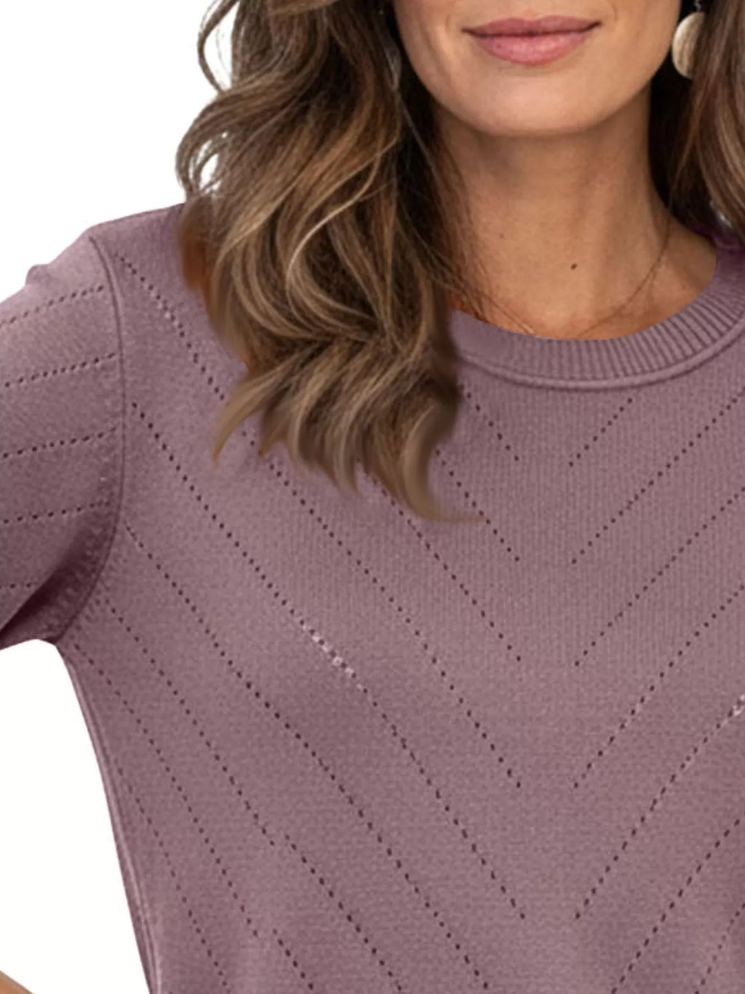 Openwork chevron knit crew neck pullover sweater