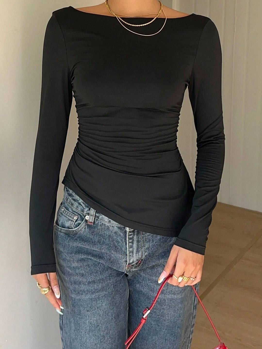 Ruched waist long sleeve top with lace back and bow detail
