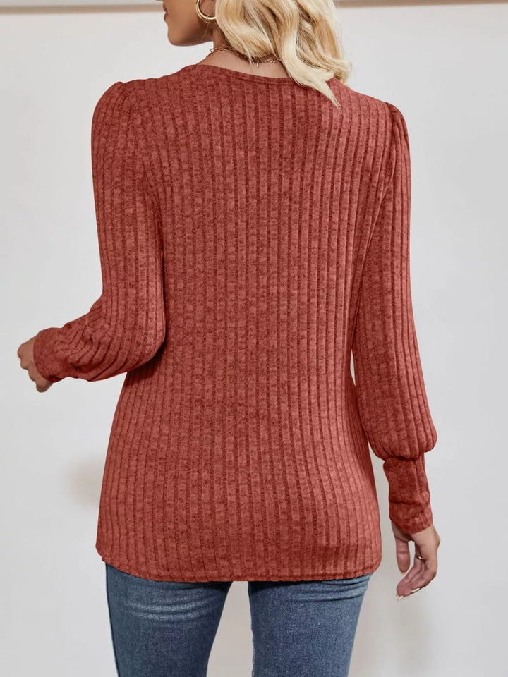 Ribbed knit square-neck top with button trim and side slit