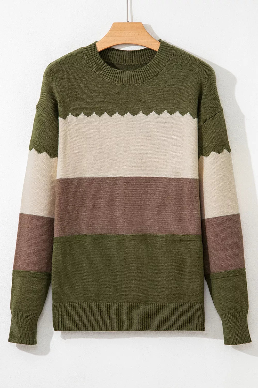 Colorblock drop shoulder crew neck sweater with zigzag trim