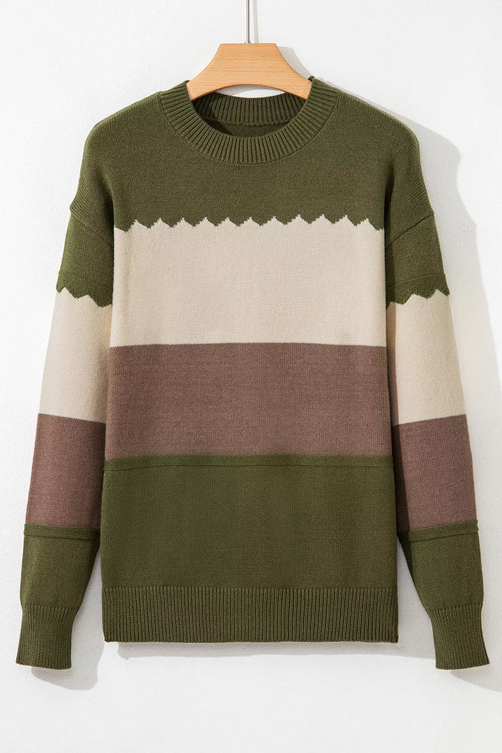 Colorblock drop shoulder crew neck sweater with zigzag trim