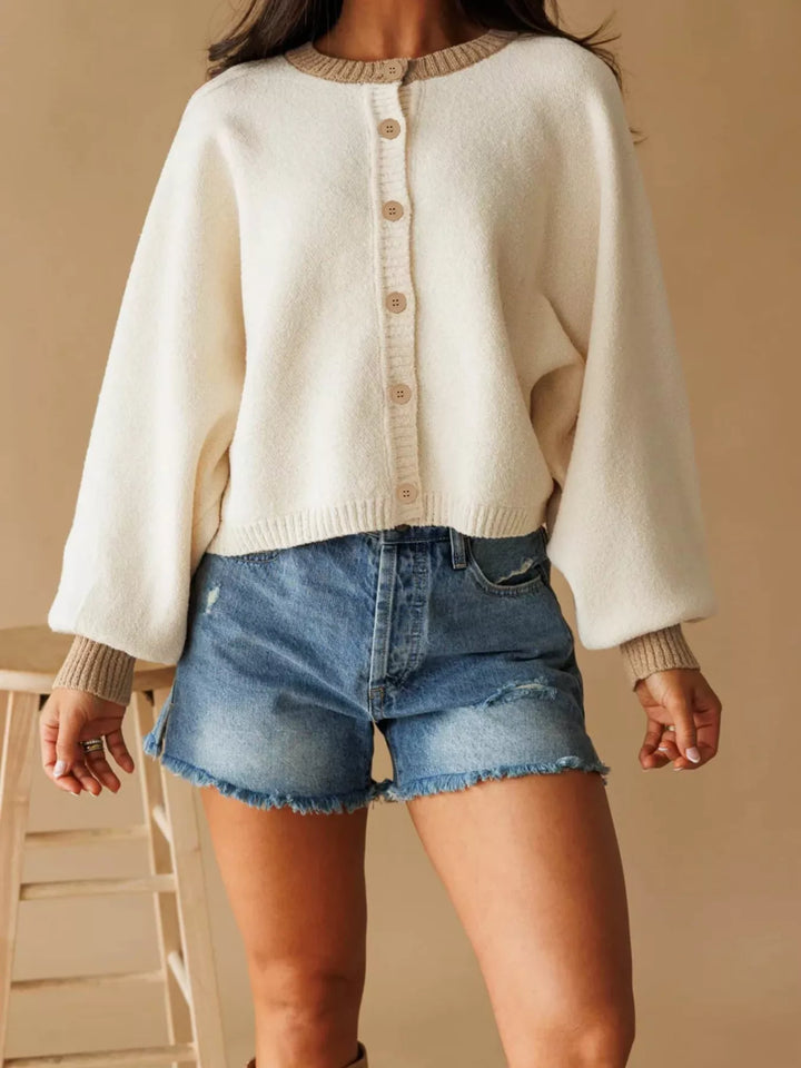 Ivory Contrast trim button-front knit cardigan with balloon sleeves