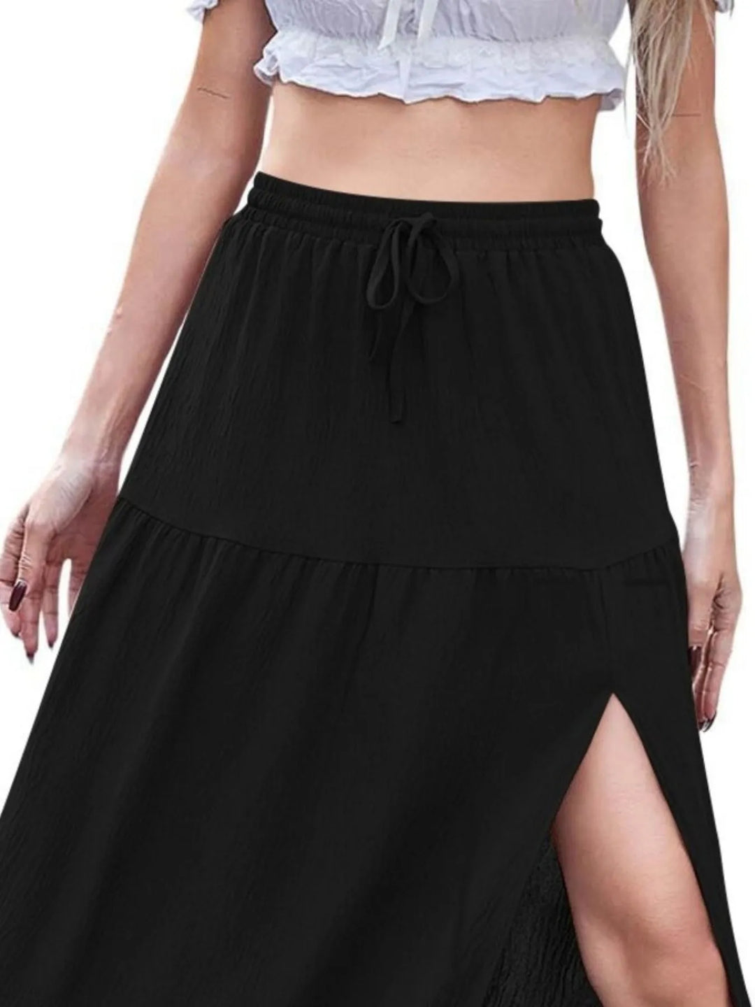 Tiered ruffled maxi skirt with front slit