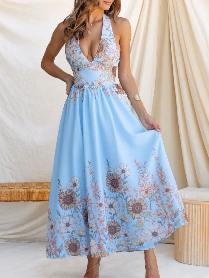 Sunflower print halter maxi dress with plunge neckline