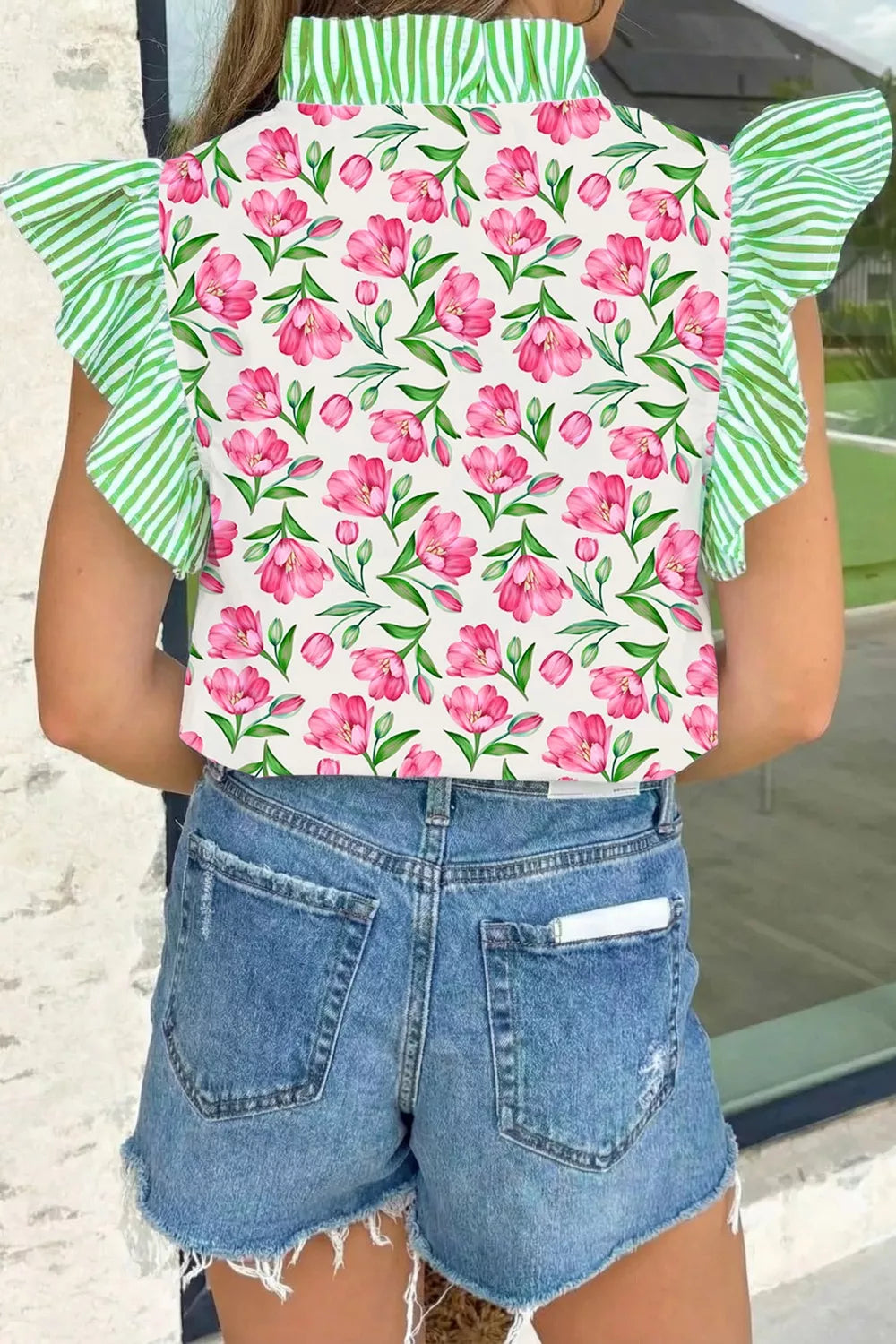 Floral print V-neck blouse with striped ruffle sleeves