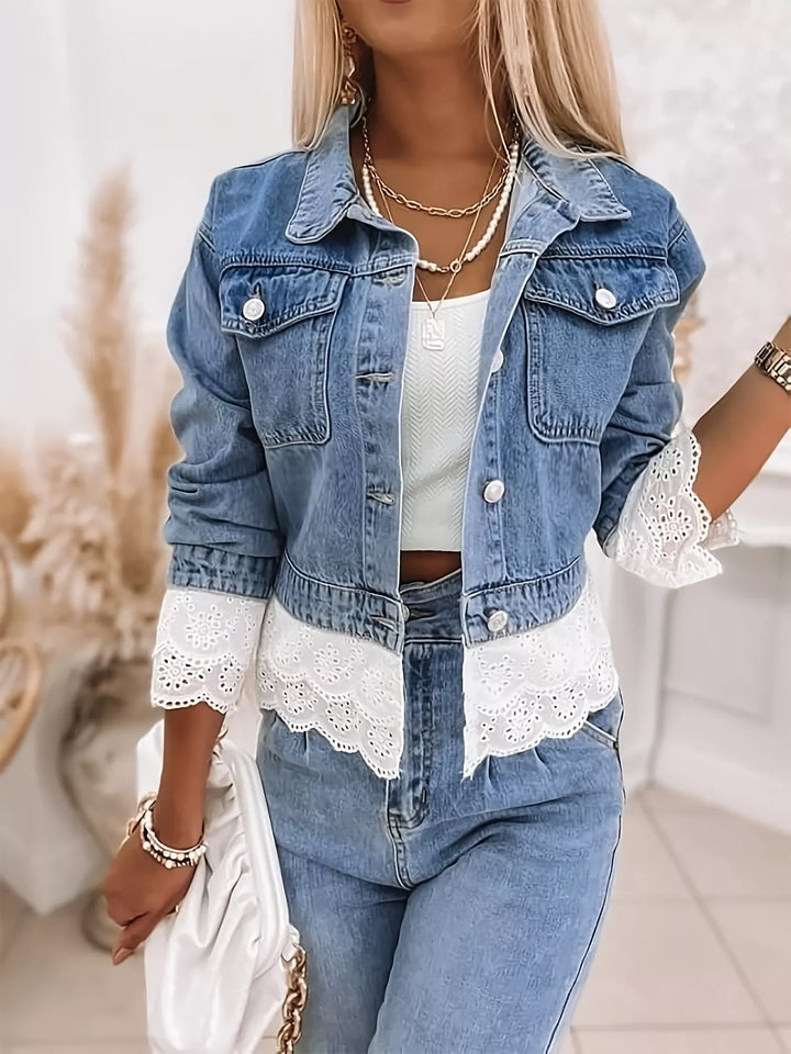 Cropped denim jacket with eyelet lace trim
