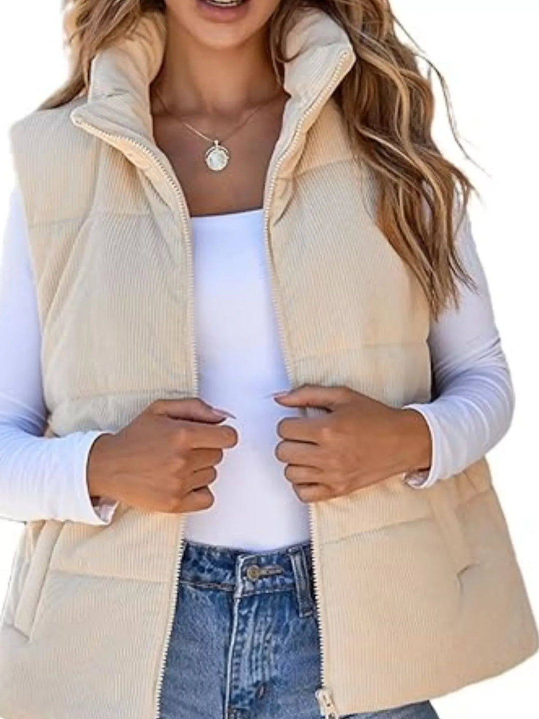Corduroy stand collar zip-up puffer vest