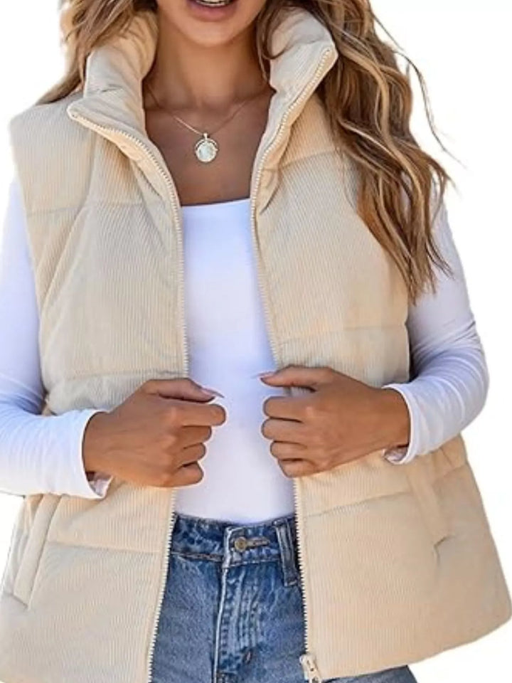 Corduroy stand collar zip-up puffer vest