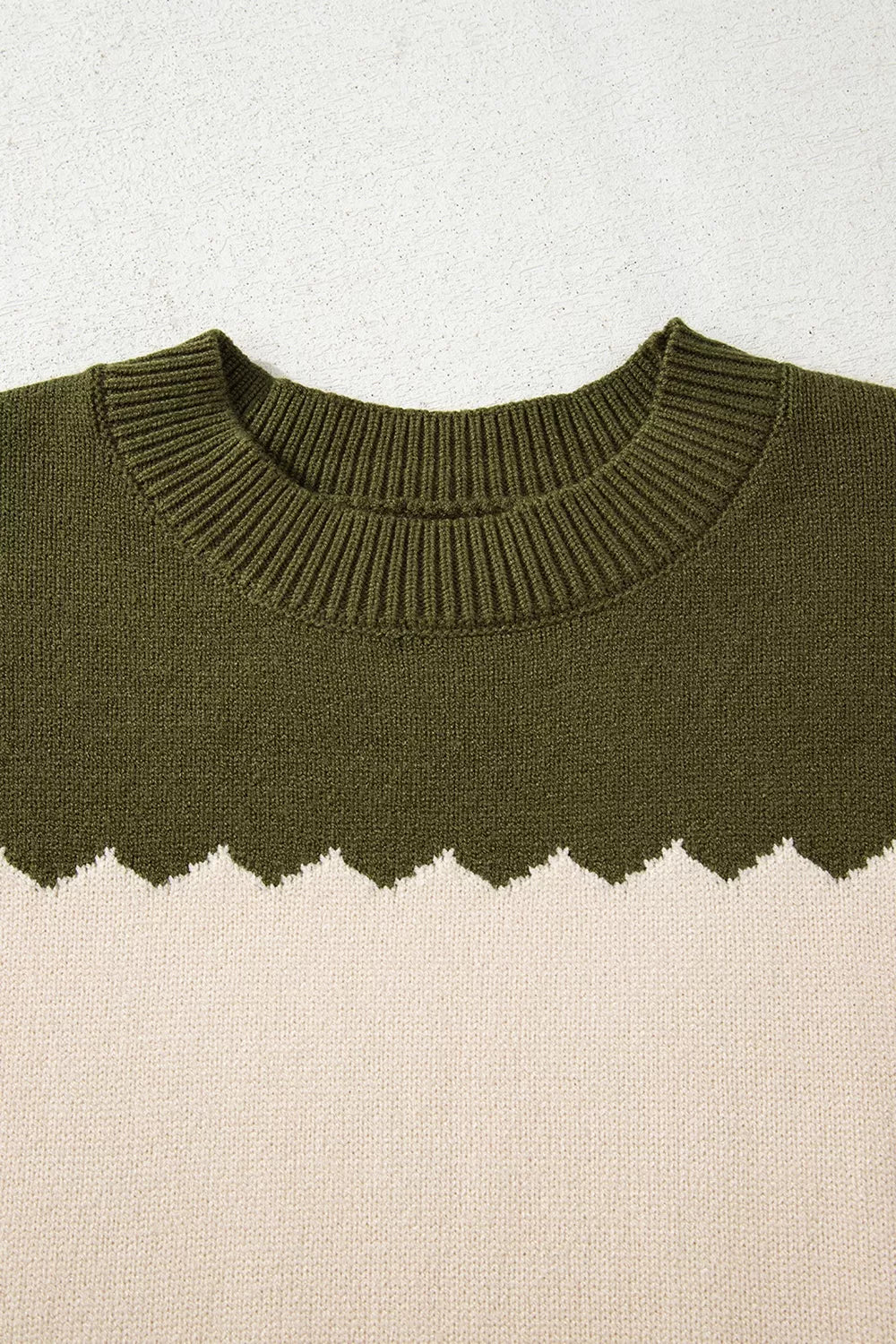 Colorblock drop shoulder crew neck sweater with zigzag trim
