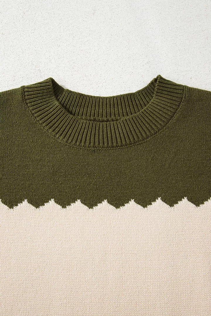 Colorblock drop shoulder crew neck sweater with zigzag trim
