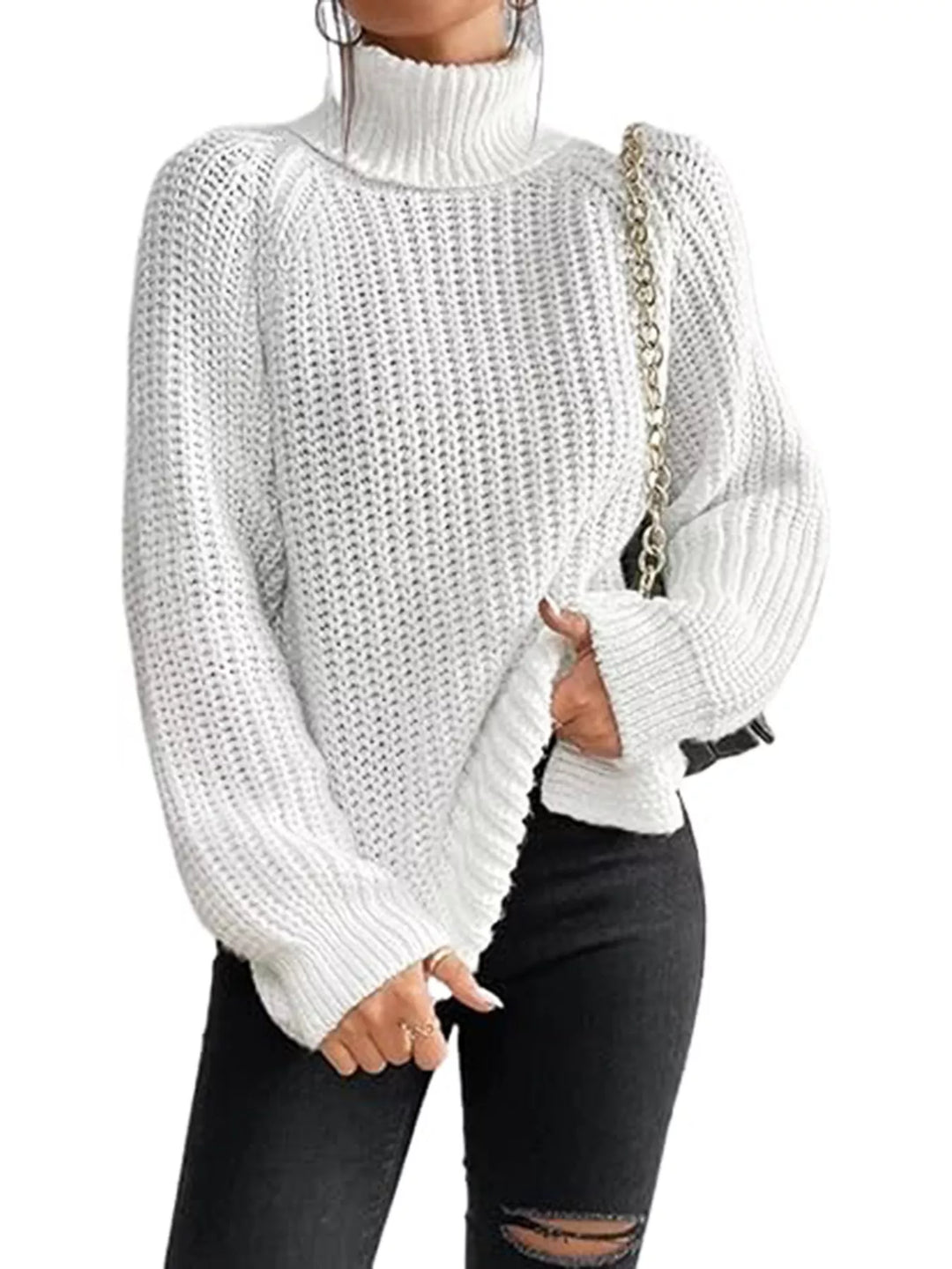 White Chunky rib-knit turtleneck sweater with drop shoulders
