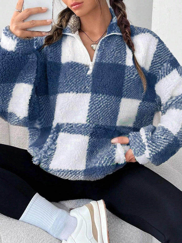 Plaid sherpa quarter-zip pullover with front pocket