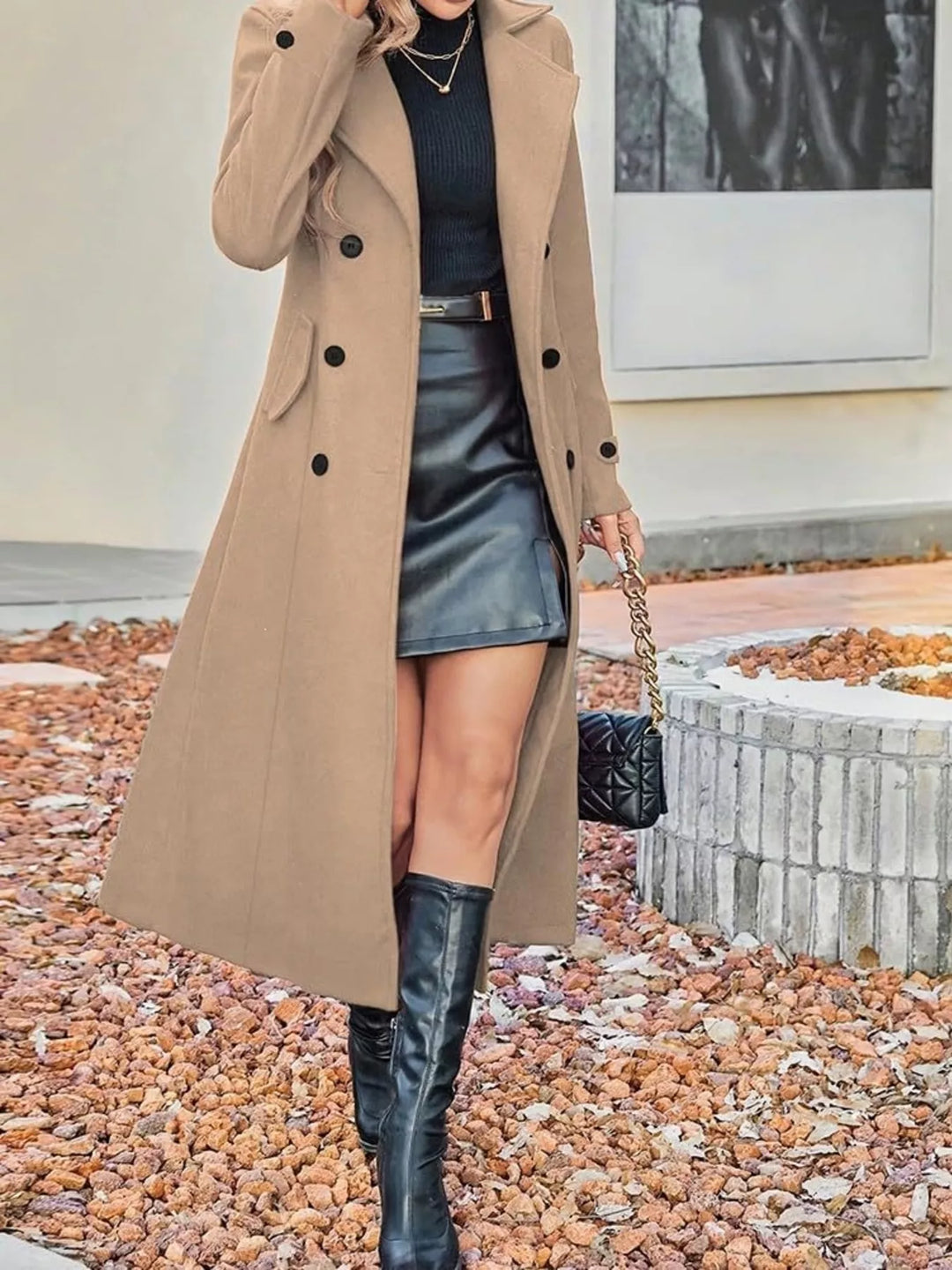 Double-breasted longline trench coat with notch lapels - Tan