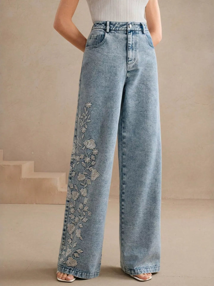 Floral embroidered high-rise wide-leg jeans
