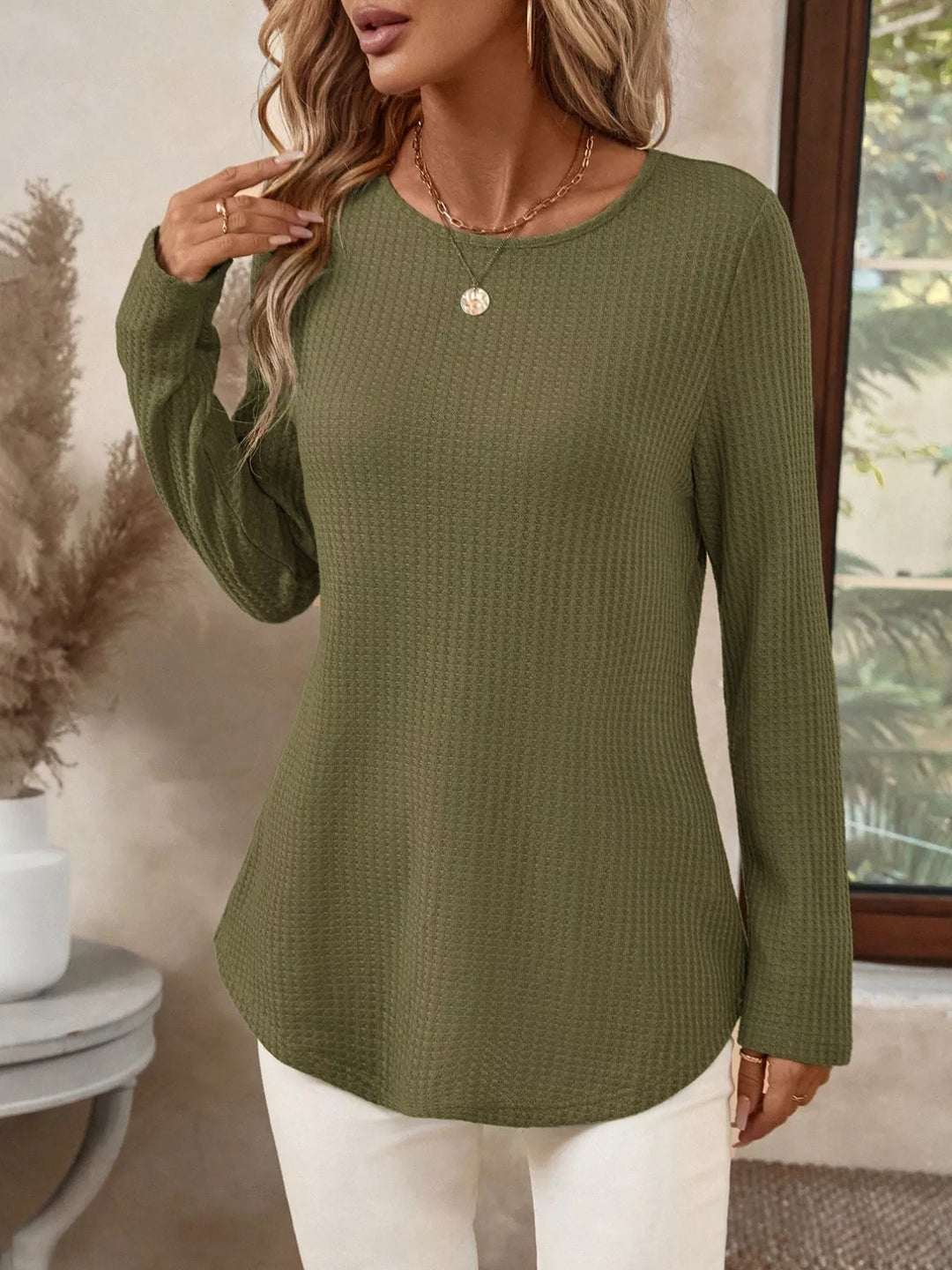 Army Green Waffle knit crew neck long sleeve top with curved hem