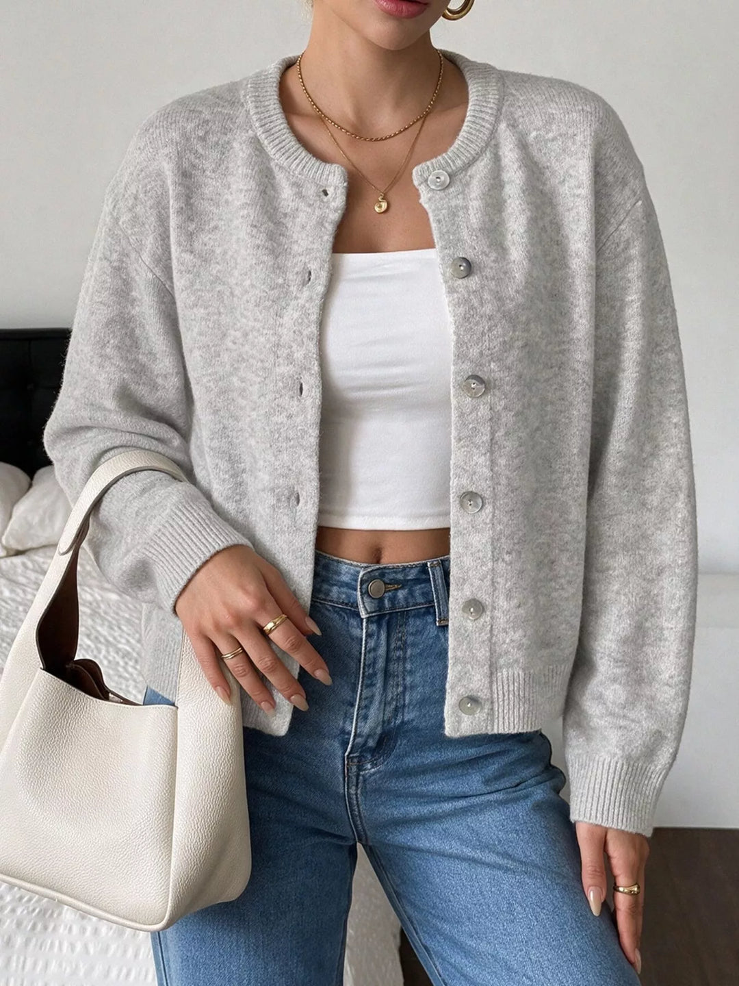 Brushed knit button-down cardigan with ribbed crew neck