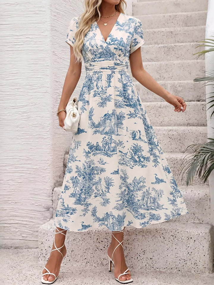 Toile print V-neck midi dress with ruched waist