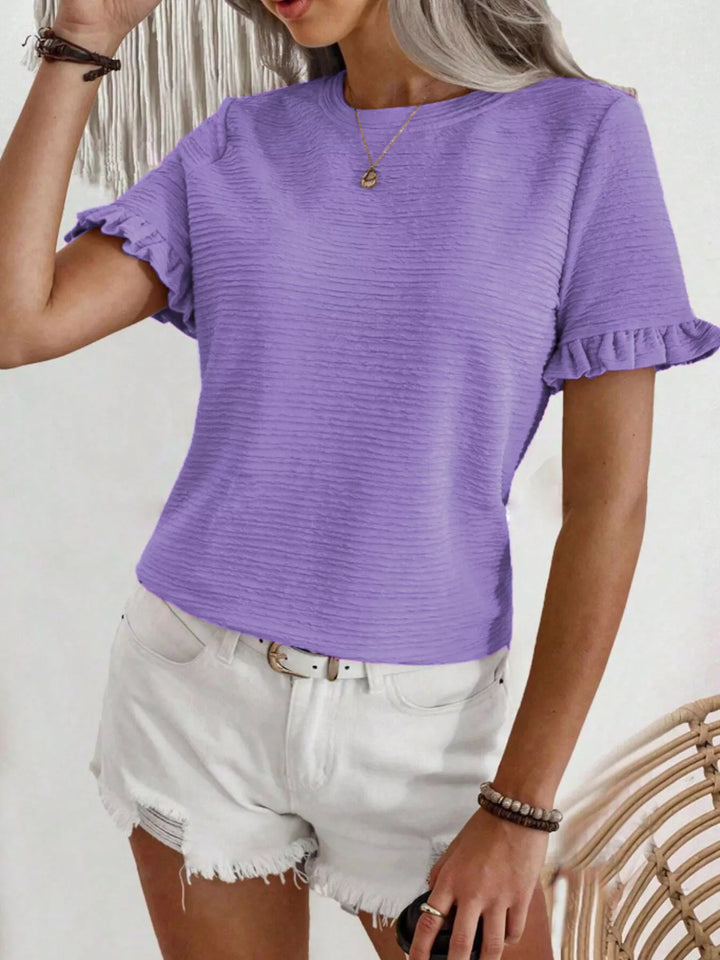 Purple Ruffle-cuff crew neck top with crinkle texture