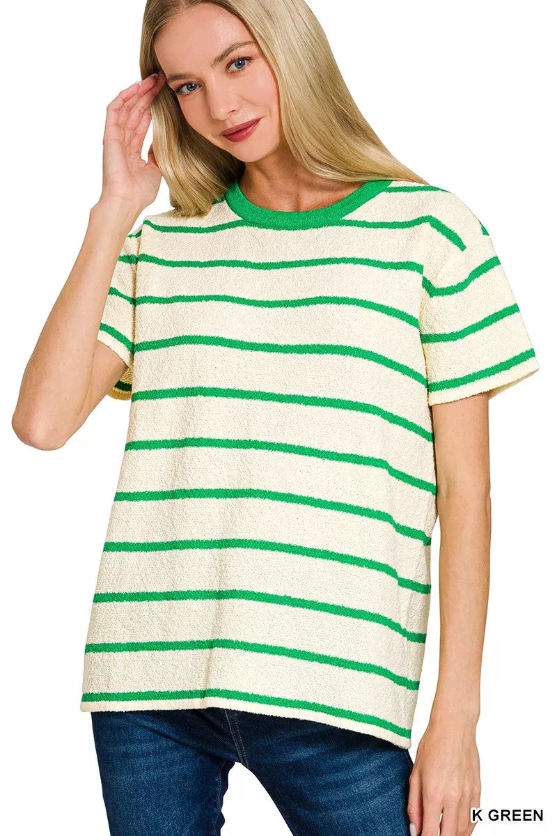 K GREEN Textured striped crew neck short sleeve tee