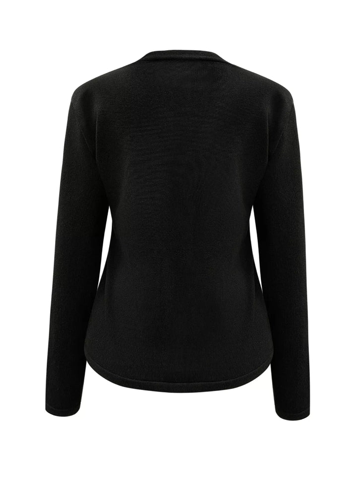 Gold-button V-neck knit cardigan with long sleeves