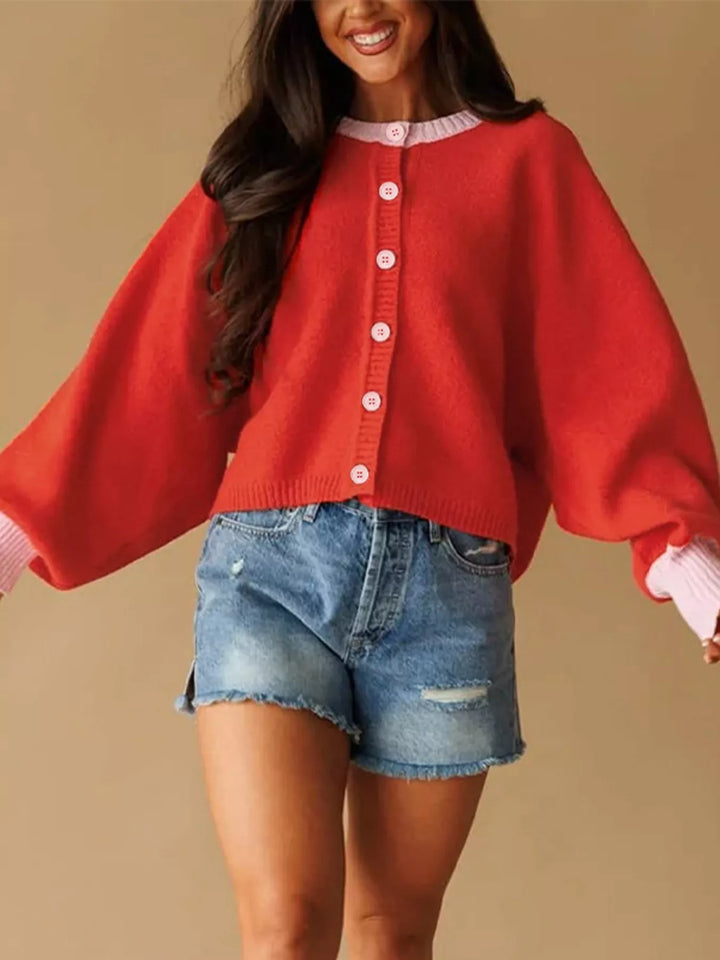 Red Contrast trim button-front knit cardigan with balloon sleeves