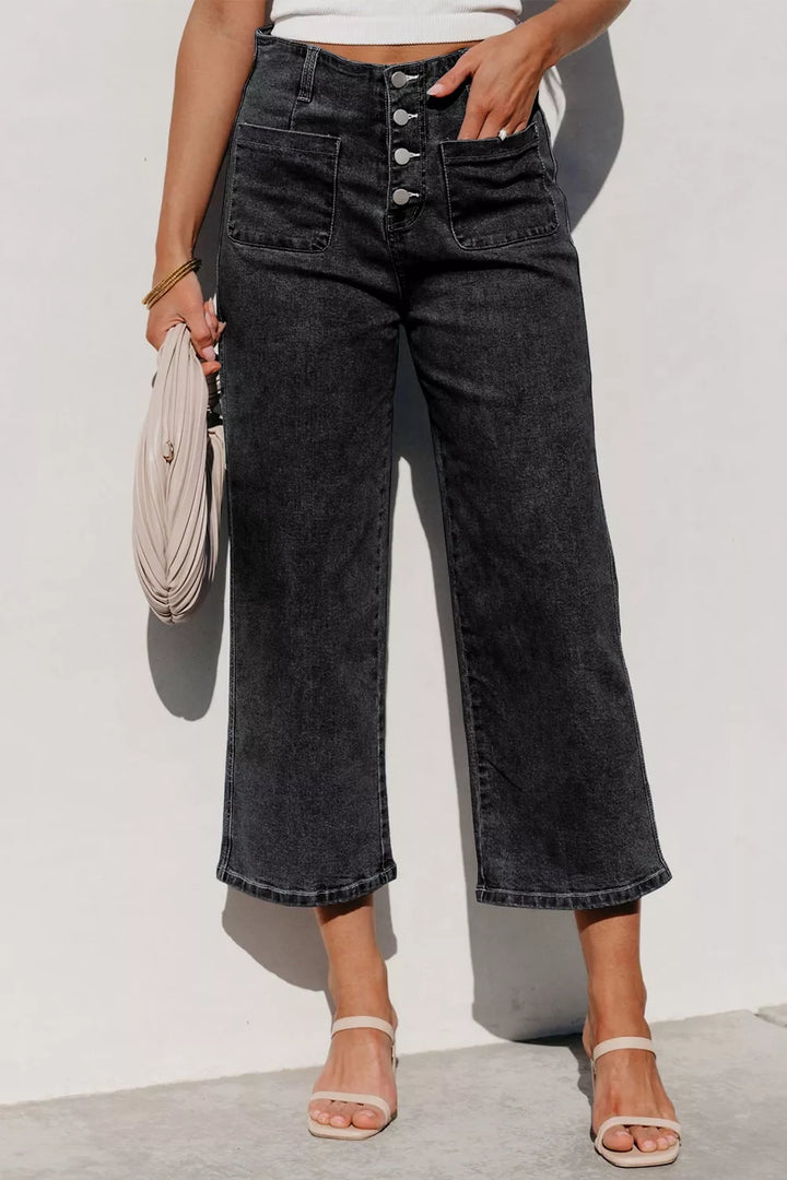 High-rise button-fly wide-leg jeans with patch pockets