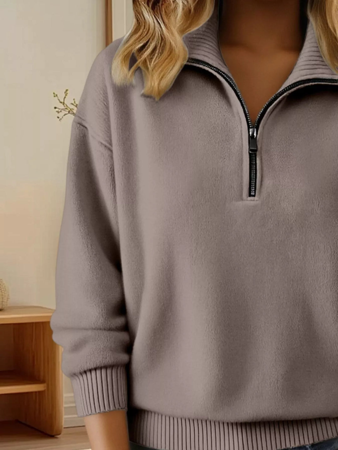 Half-zip dropped-shoulder knit sweater with ribbed collar