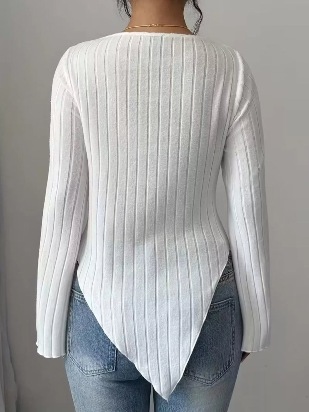 Ribbed knit cowl neck top with asymmetric hem and flared sleeves